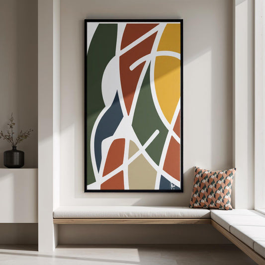 Abstract art print on a wall above a window seat with a pillow by northwind illustration.