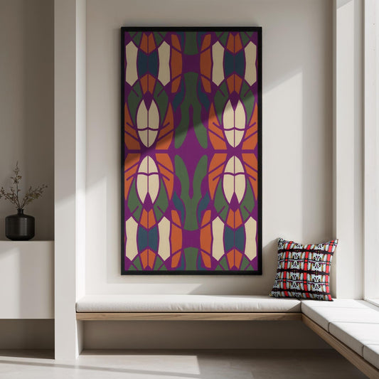 Colorful geometric patterned wall art on a white wall with a cushioned bench and decorative pillow.