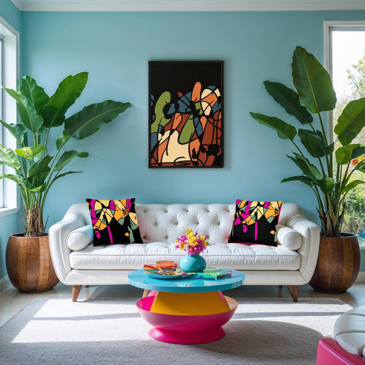 Modern living room with a white sofa, colorful coffee table, and abstract art on the wall.