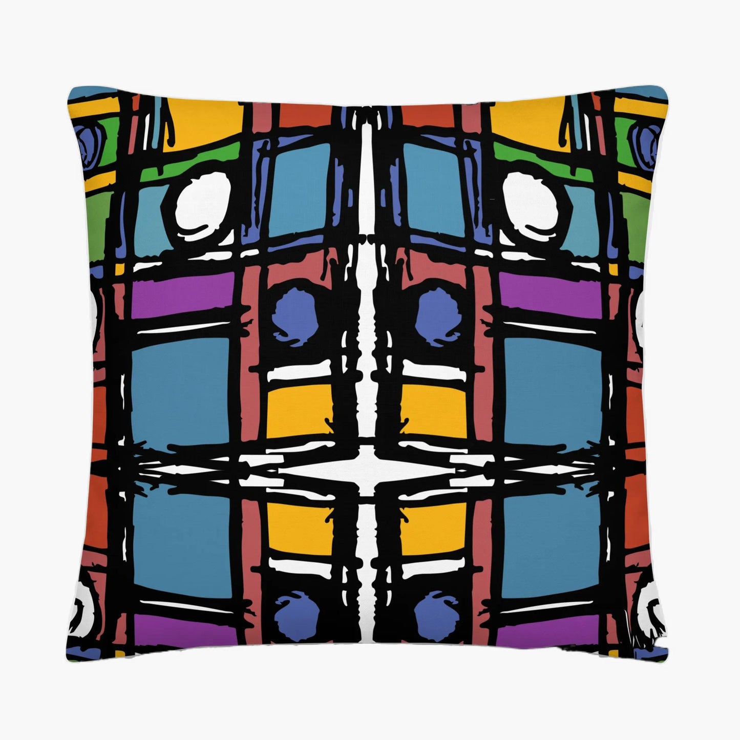 Colorful abstract patterned pillow on a white background