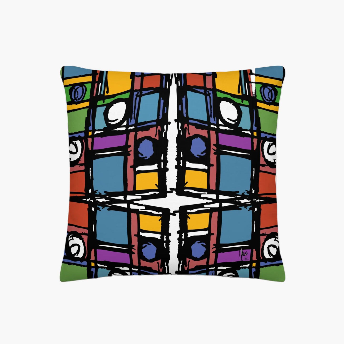 Colorful abstract patterned pillow on a white background