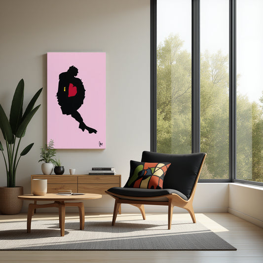 Modern living room with a pink abstract painting, wooden coffee table, and armchair with colorful pillow.