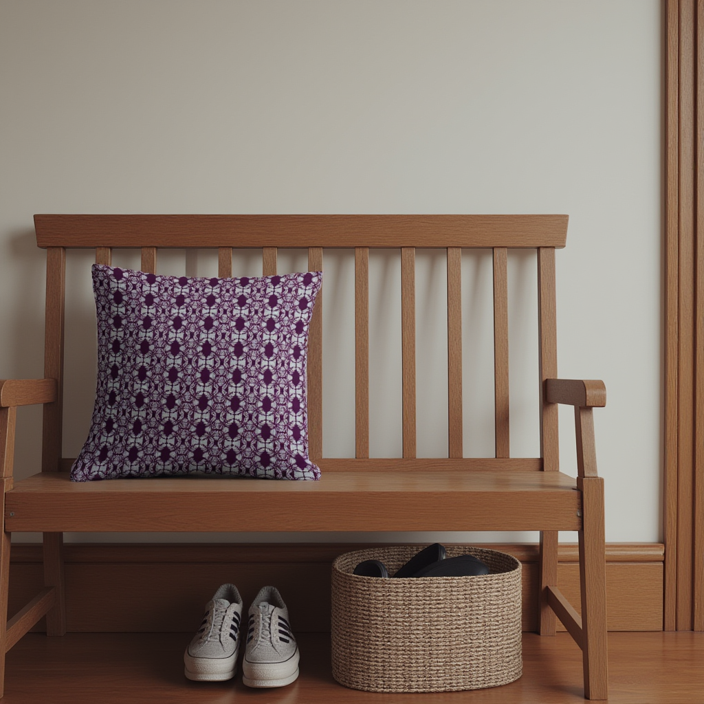 Wooden bench with a purple pillow, white sneakers, and a woven basket underneath.