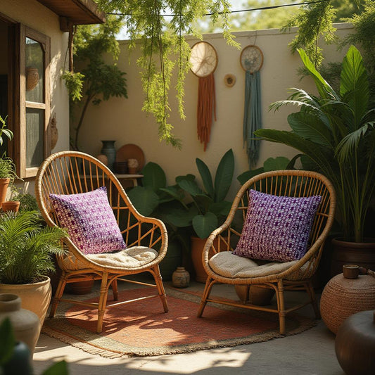 Two wicker chairs with purple cushions in a sunlit outdoor patio with plants and decor.