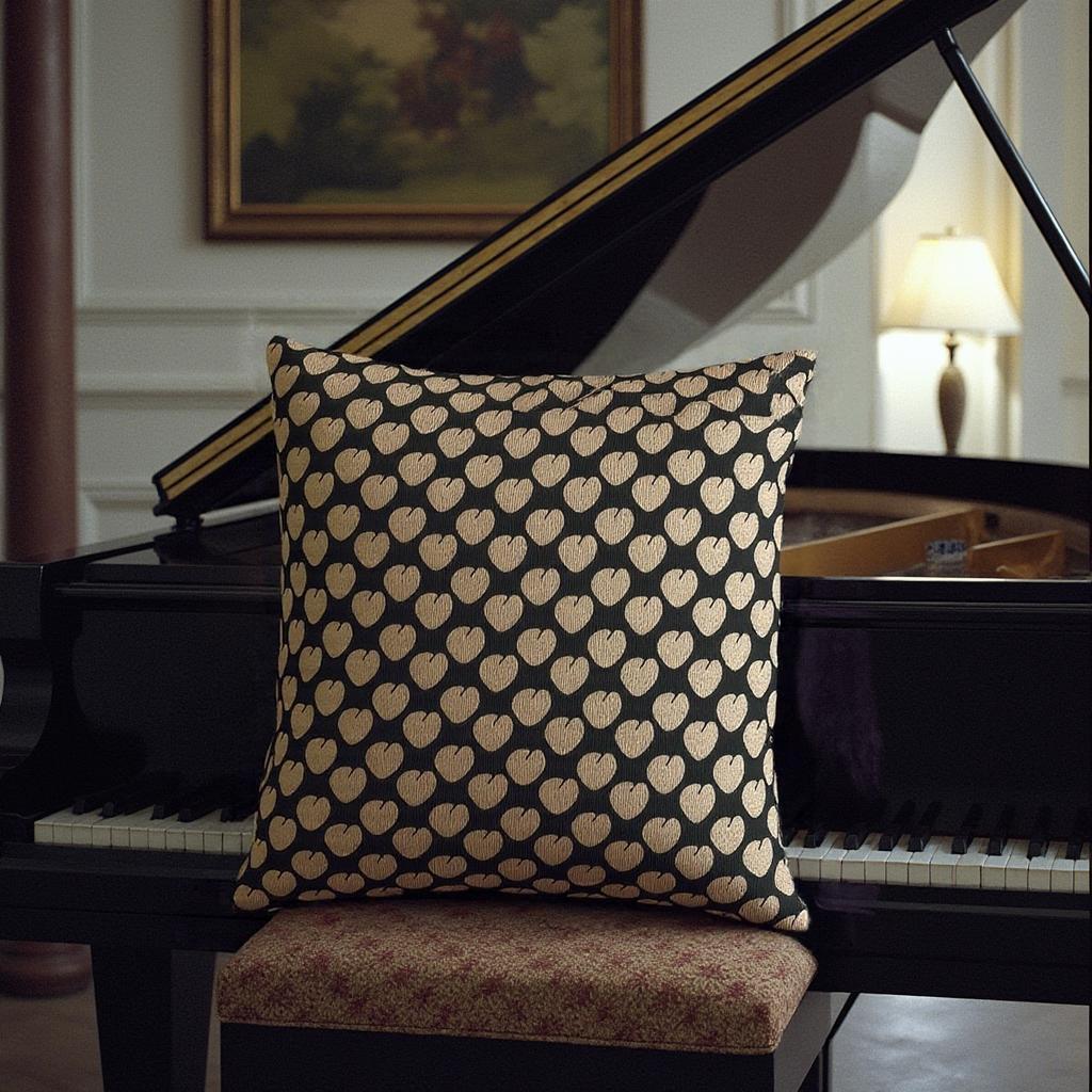 Decorative pillow with heart pattern on a piano bench in a room with a lamp and painting.