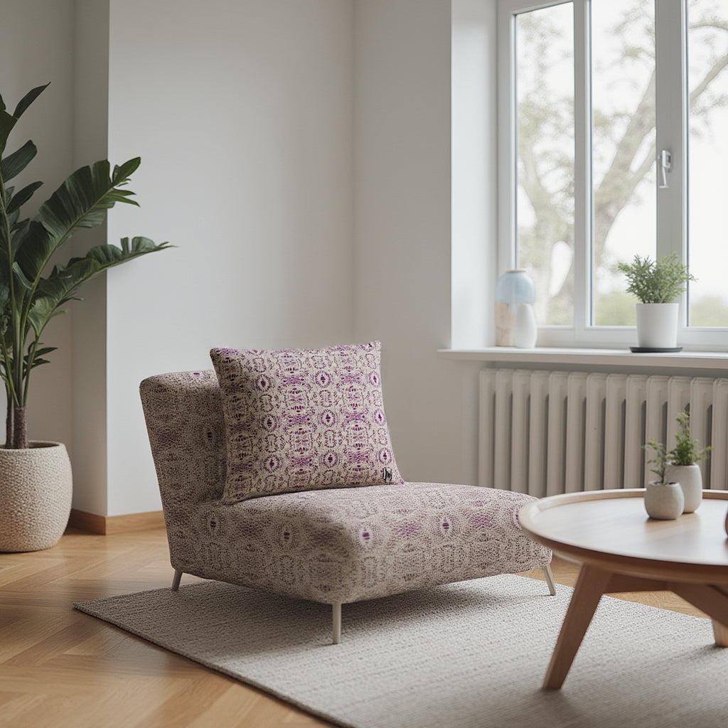 Patterned armchair in a modern living room with a coffee table and plants.