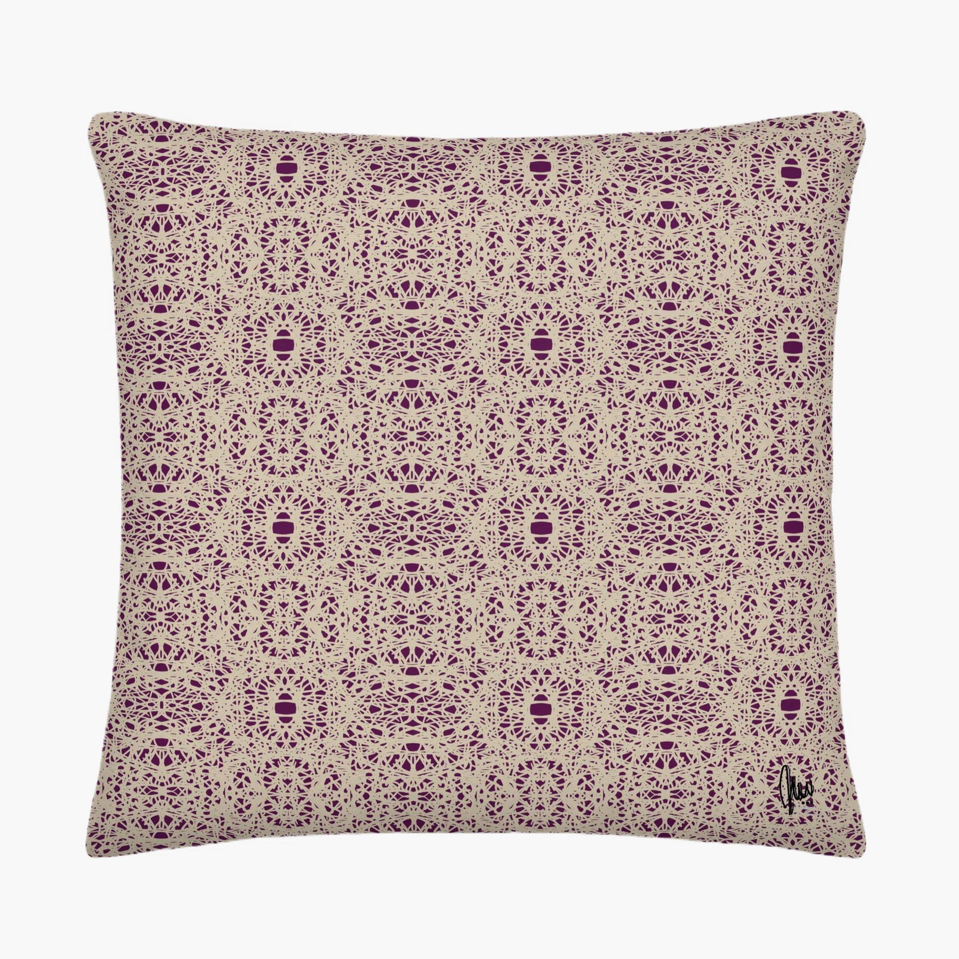 Decorative pillow with purple geometric pattern on beige background