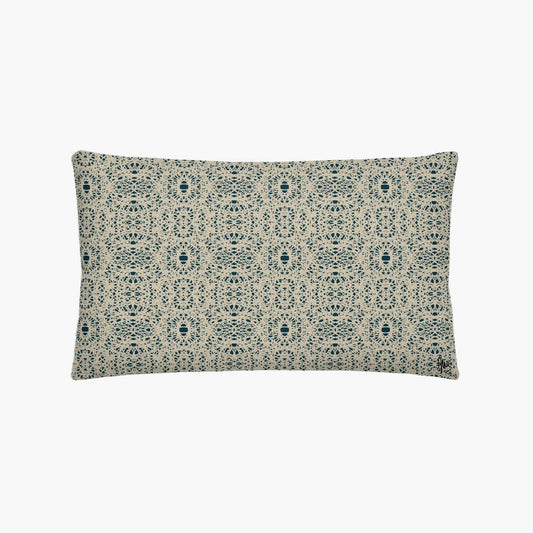 Decorative pillow with a blue and white pattern on a white background