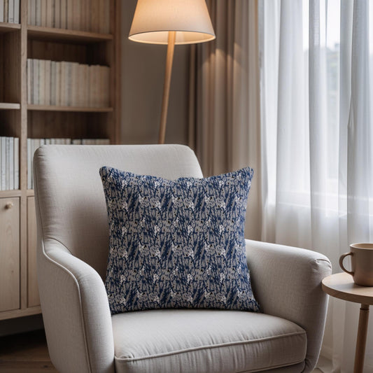 Beige armchair with a blue patterned pillow in a cozy living room setting.