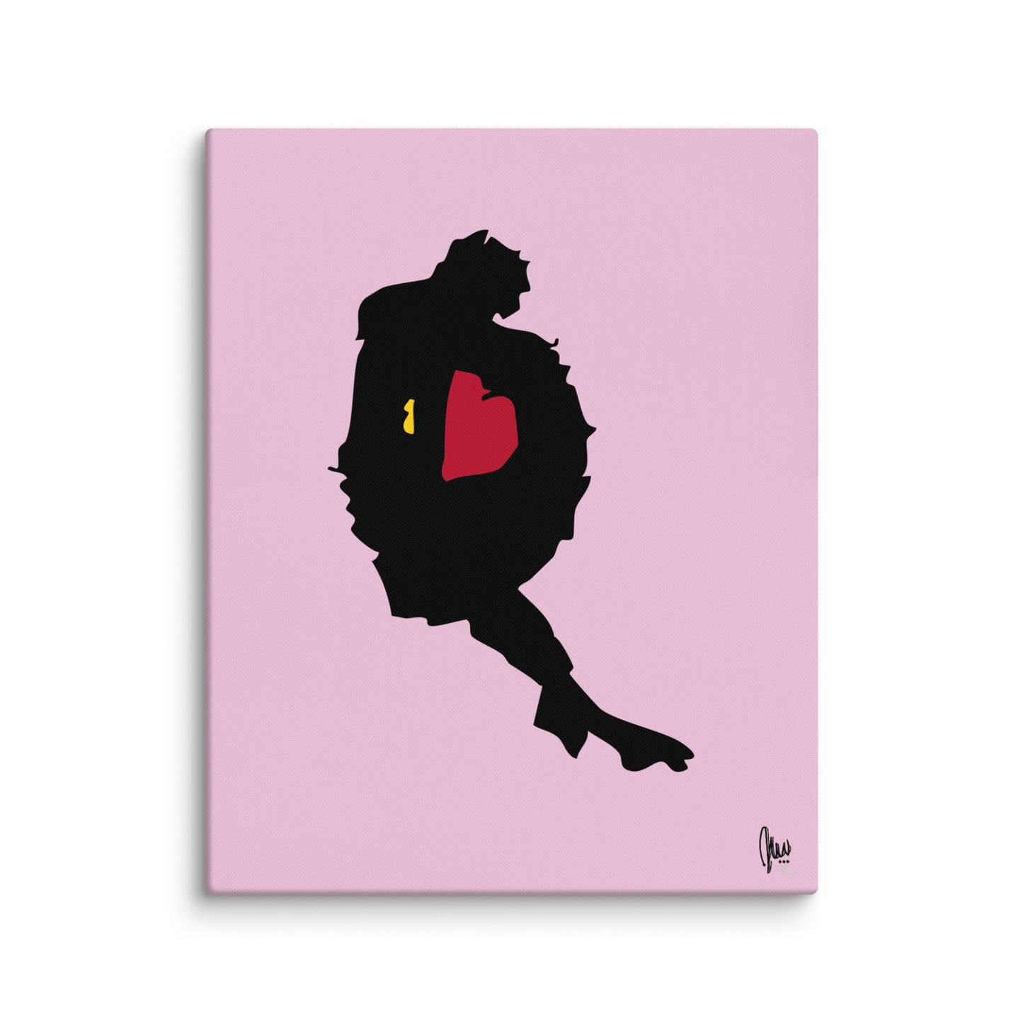 Black silhouette of a character with a red heart on a pink background