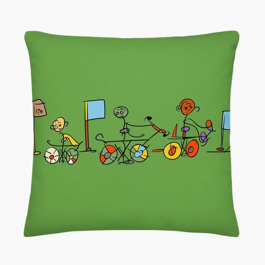 Green pillow with colorful stick figure design on a white background
