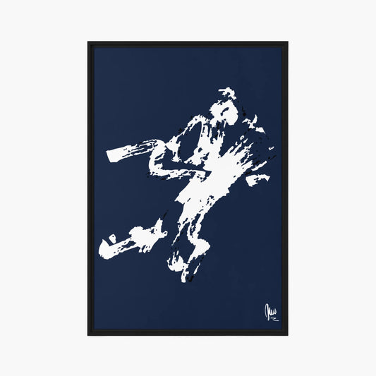 Framed artwork of a white silhouette of a person on horseback against a dark blue background.