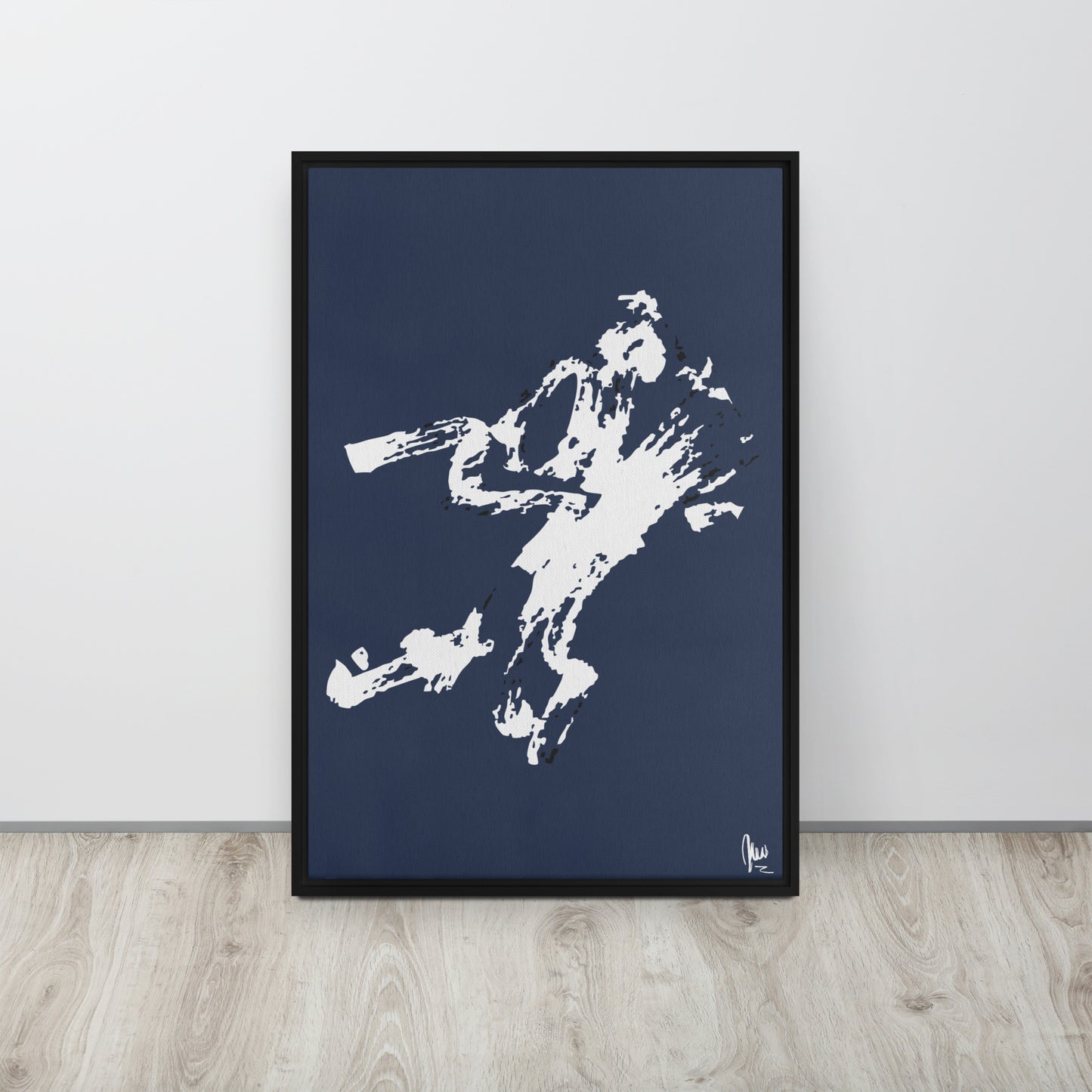 Framed artwork of a white abstract figure on a navy background by northwind illustrations