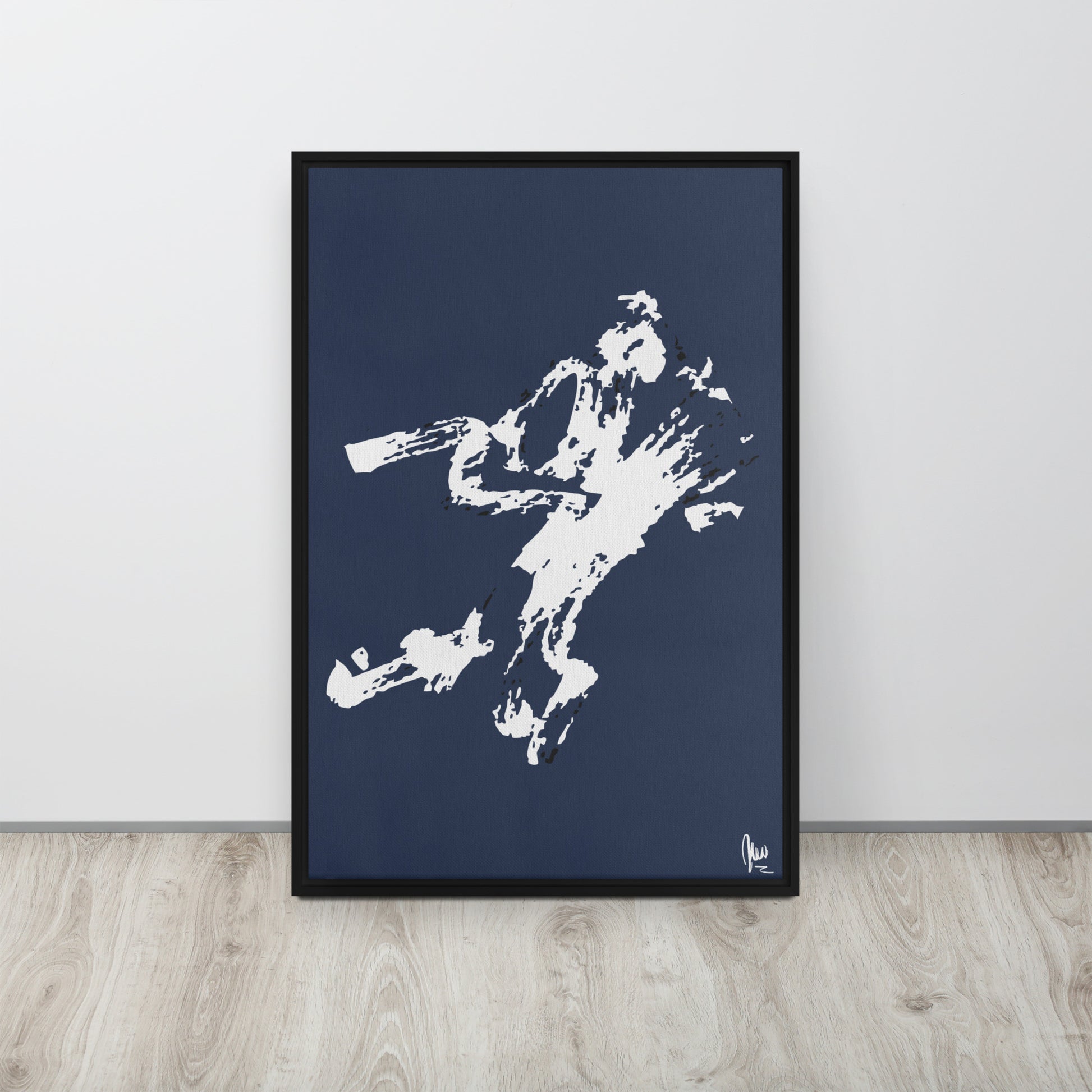 Framed artwork of a white abstract figure on a navy background by northwind illustrations
