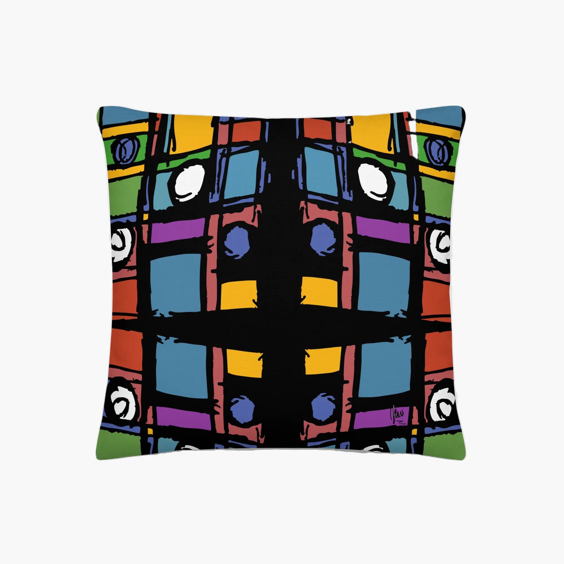 Colorful abstract patterned pillow on a white background