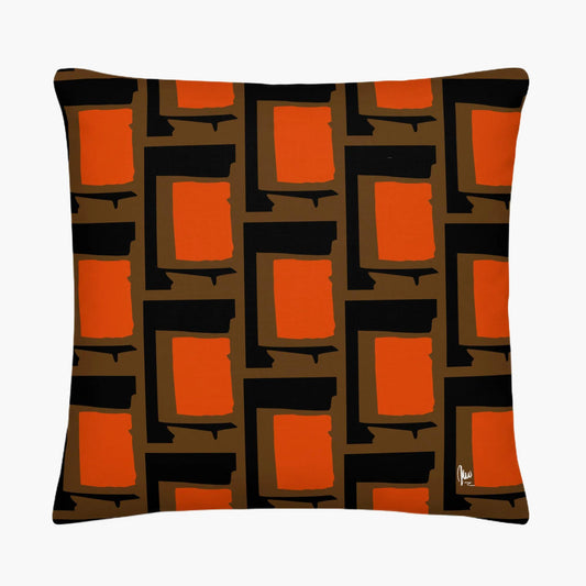 Decorative pillow with orange and black geometric pattern on a white background - by Northwind Illustrations