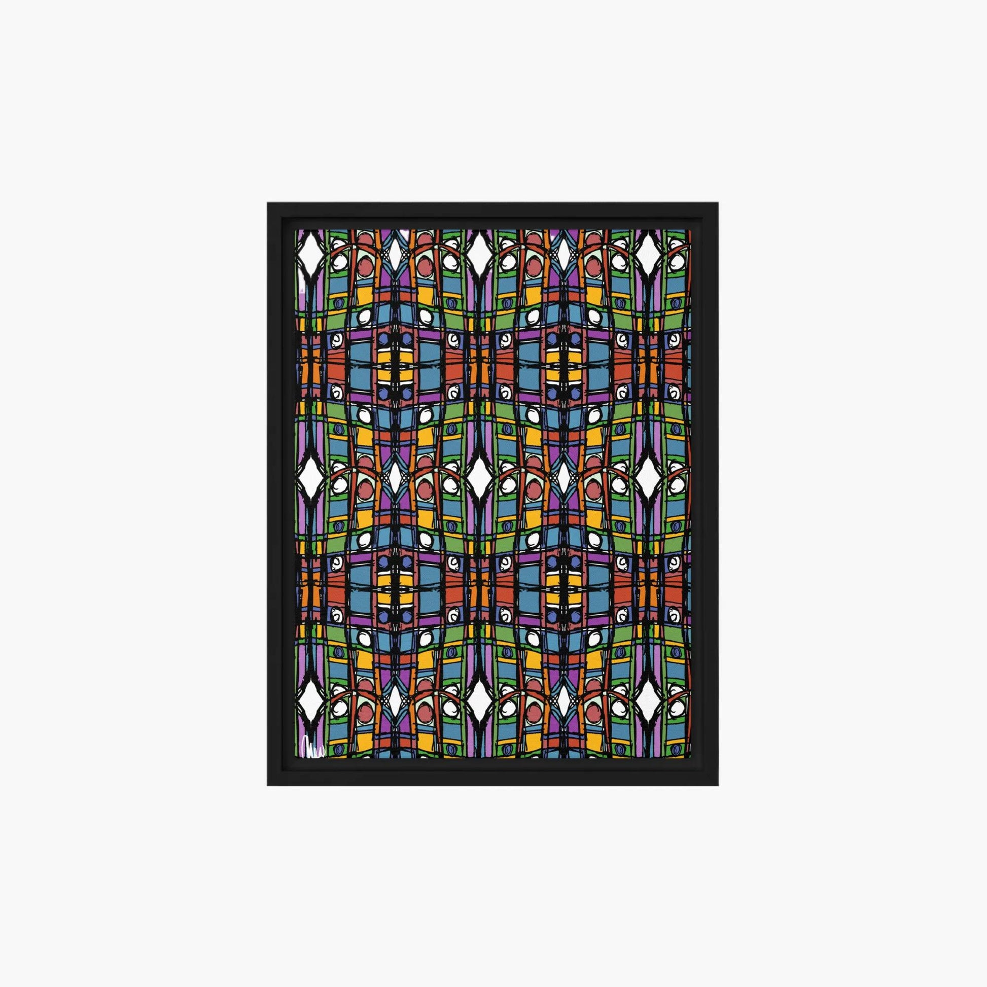 Colorful geometric patterned design on a white background