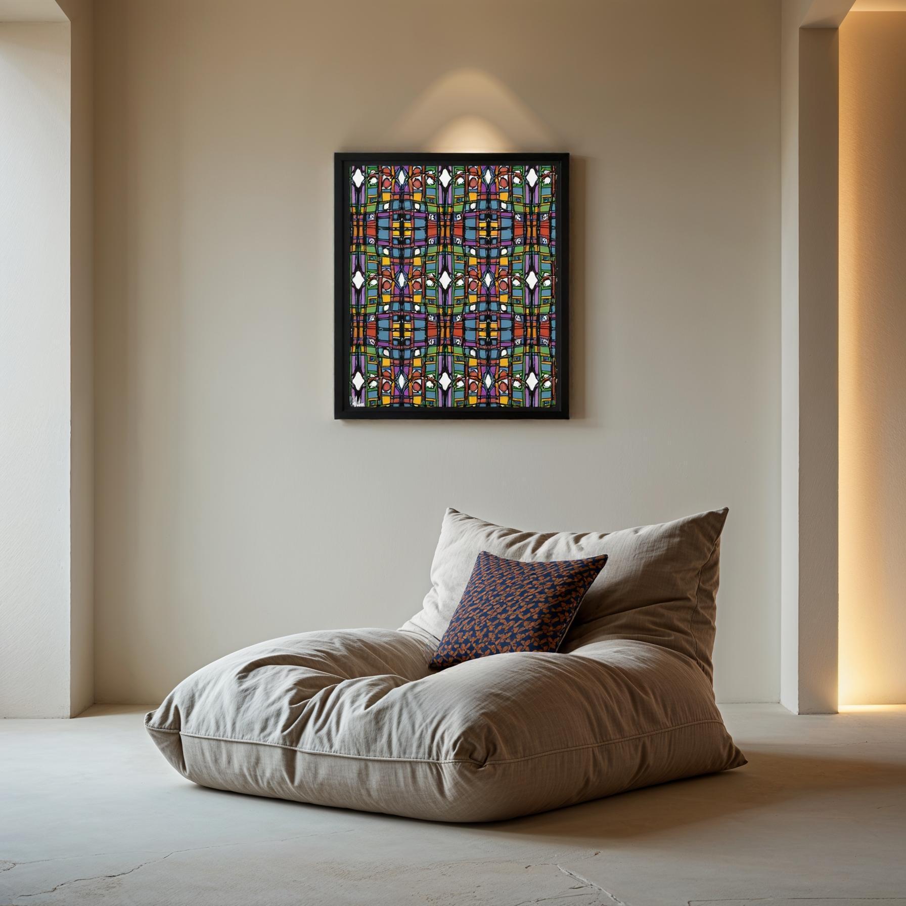 Decorative pillow on a large cushion with a colorful abstract painting on the wall.