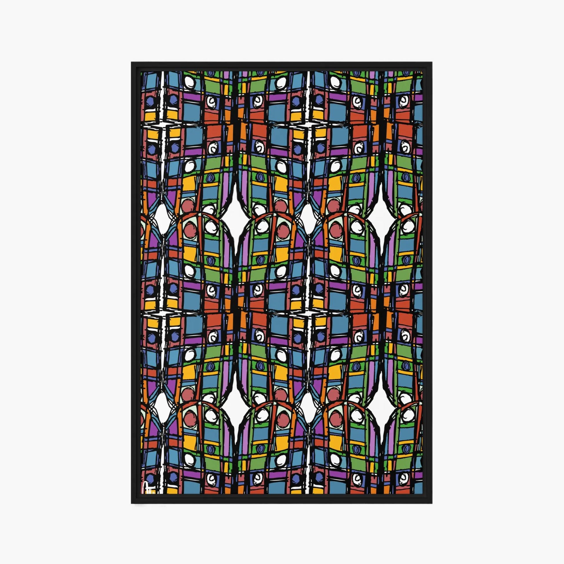 Colorful geometric patterned design on a white background