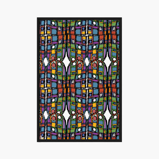 Colorful geometric patterned design on a white background