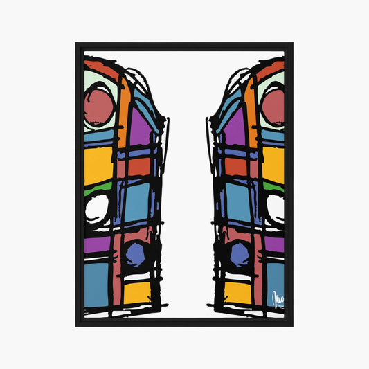Abstract art piece with colorful geometric shapes on a white background