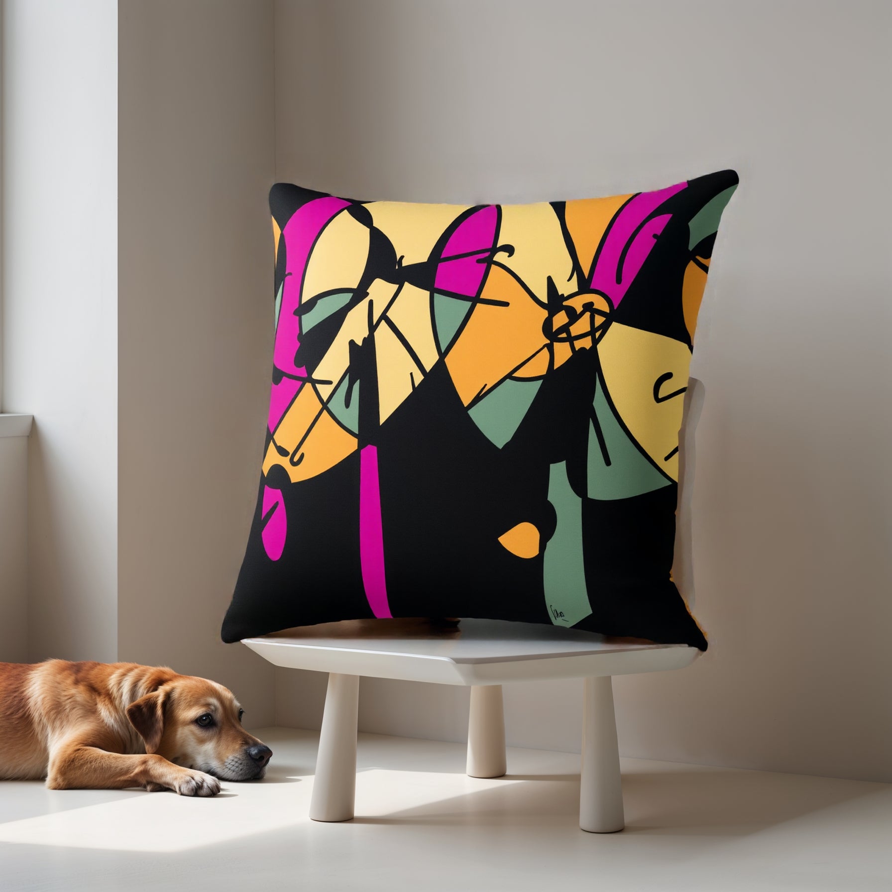 Colorful butterfly-patterned pillow on a white stool with a dog lying on the floor.