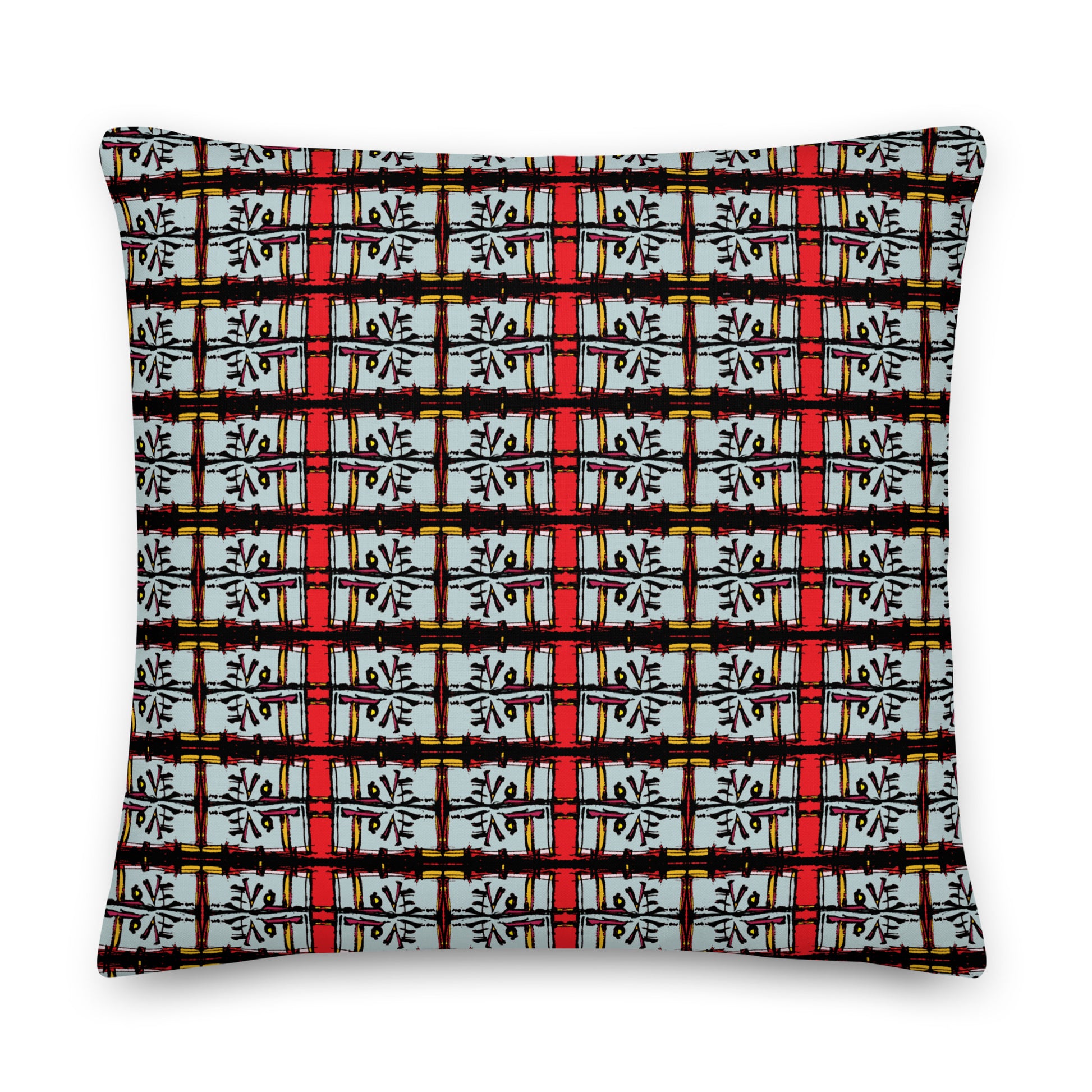 Decorative pillow with a plaid pattern on a white background