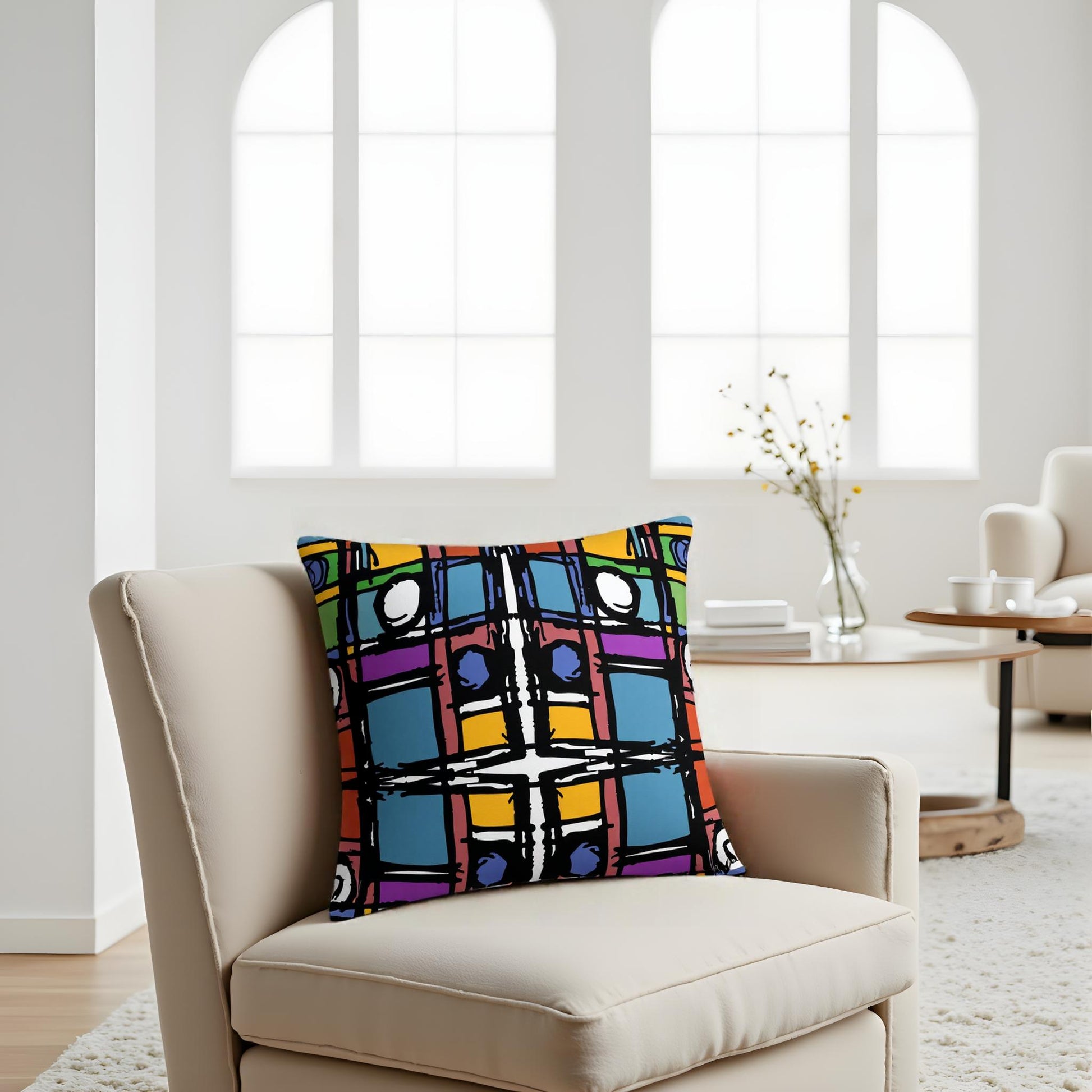 Colorful patterned pillow on a beige armchair in a bright living room.