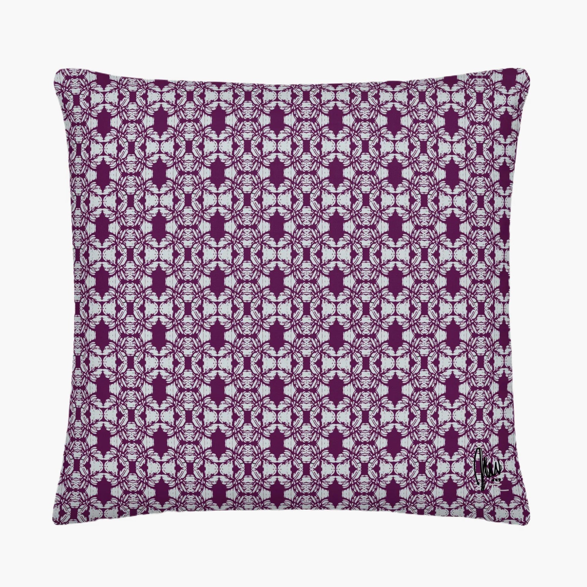 Decorative pillow with a purple geometric pattern on a white background