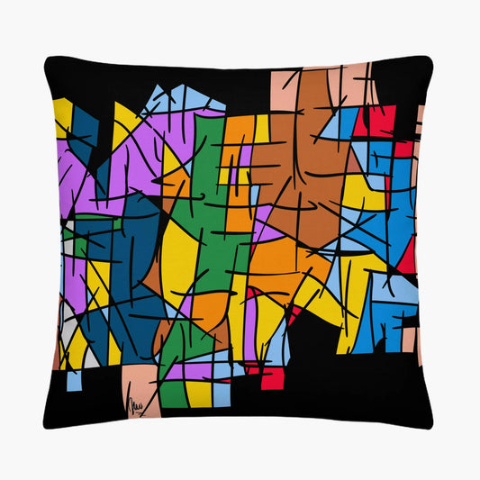 Colorful abstract patterned pillow on a white background