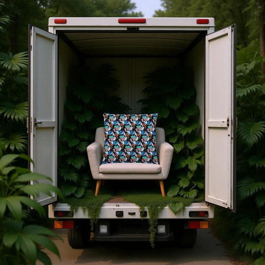 Chair with a patterned pillow inside an open truck surrounded by greenery