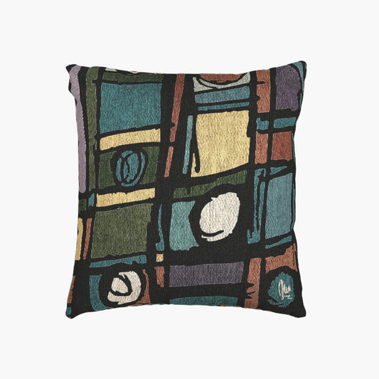 Decorative pillow with abstract geometric pattern on a white background