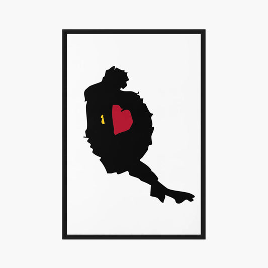Framed artwork of a black individual silhouette with a red heart on a white background