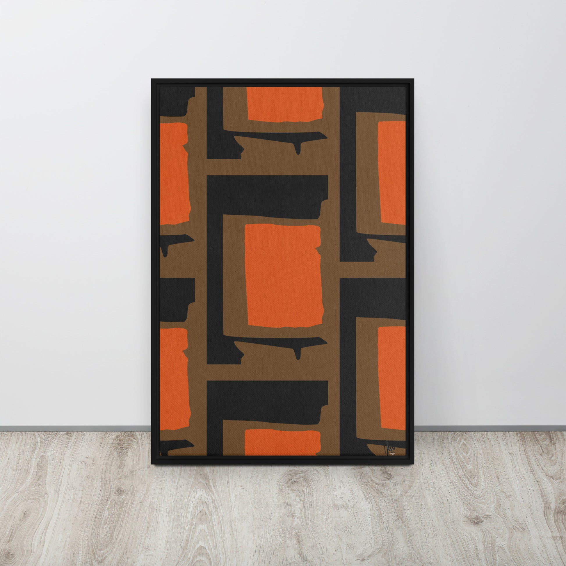 Abstract art print with geometric shapes in orange, brown, and black on a white wall - by Northwind Illustration 