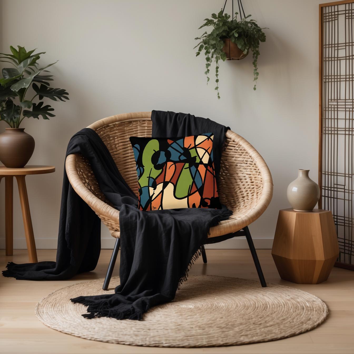 Wicker chair with a colorful pillow and black blanket in a room with plants and wooden furniture.
