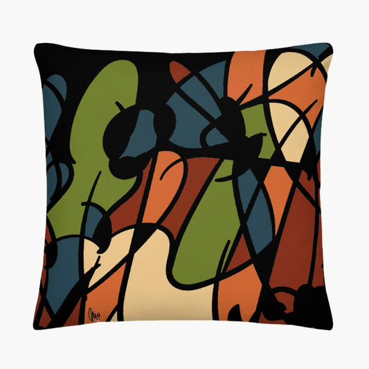 Decorative pillow with abstract leaf pattern in multicolors on a white background