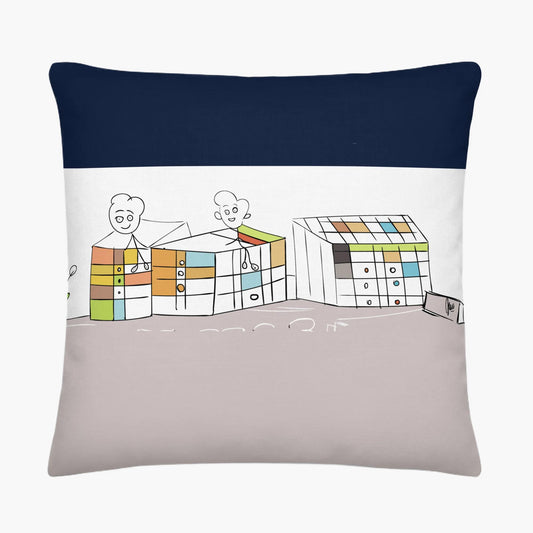 Decorative pillow with a colorful illustration of a child playing with toy boxes on a white background.
