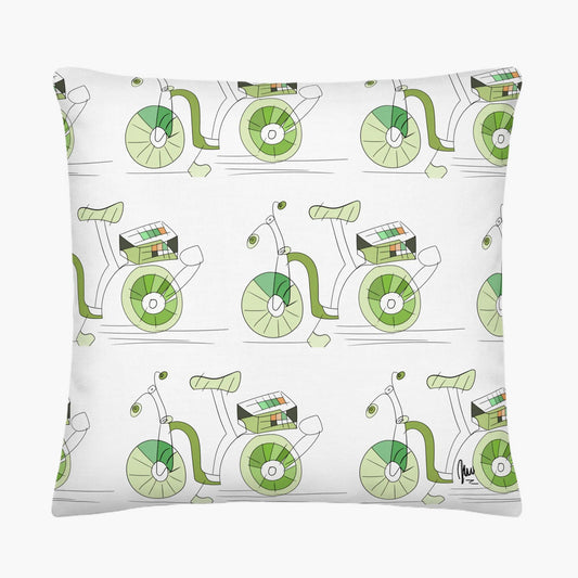 Pillow with green bicycle pattern on a white background