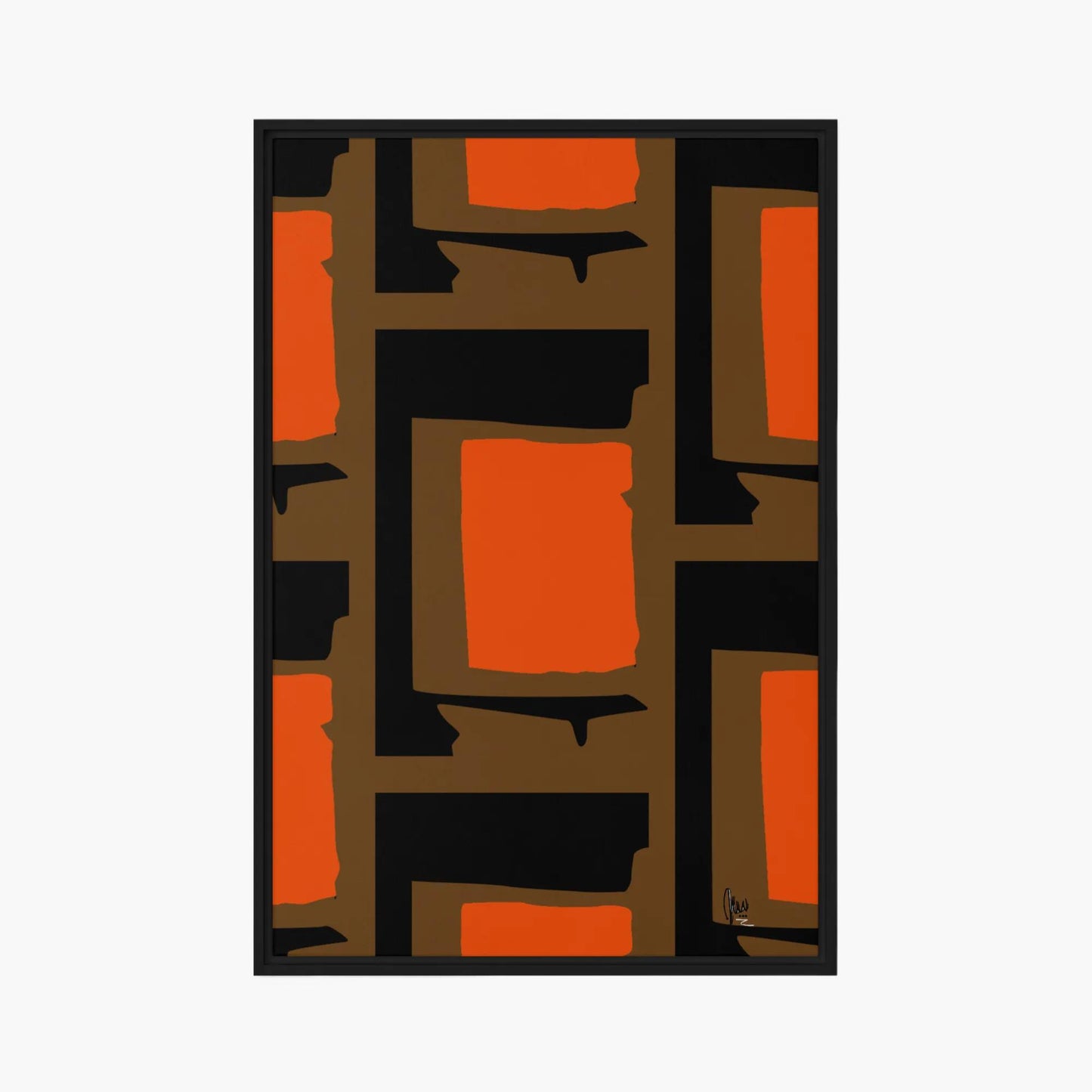 Abstract art print with geometric shapes in orange, brown, and black on a white background by northwind illustrations