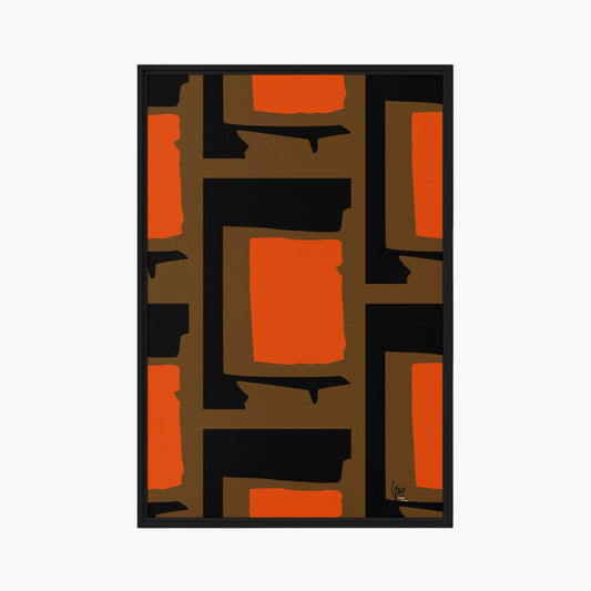 Abstract art print with geometric shapes in orange, brown, and black on a white background by northwind illustrations