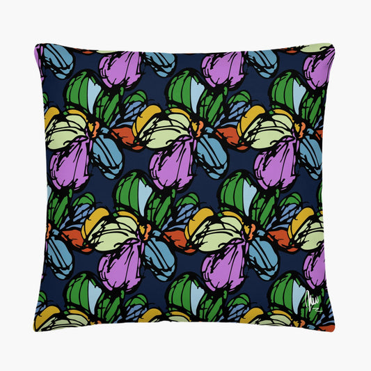 Pillow with colorful butterfly pattern on a blue background - by Northwind Illustrations 