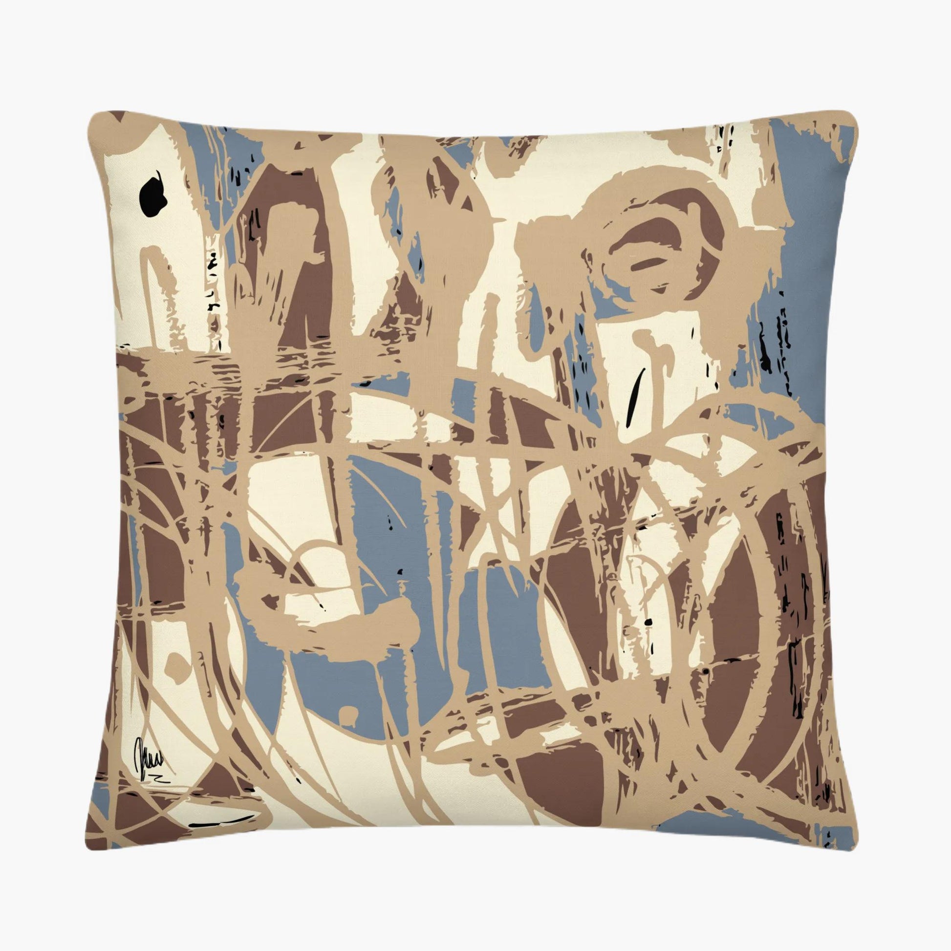Decorative pillow with abstract brown and blue pattern on a white background - by Northwind Illustrations