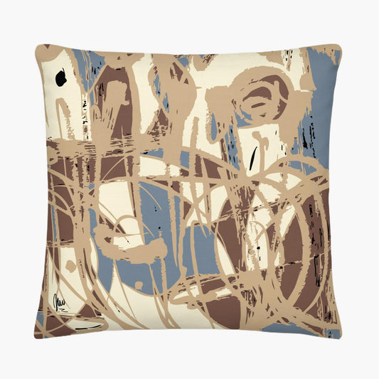 Decorative pillow with abstract brown and blue pattern on a white background - by Northwind Illustrations