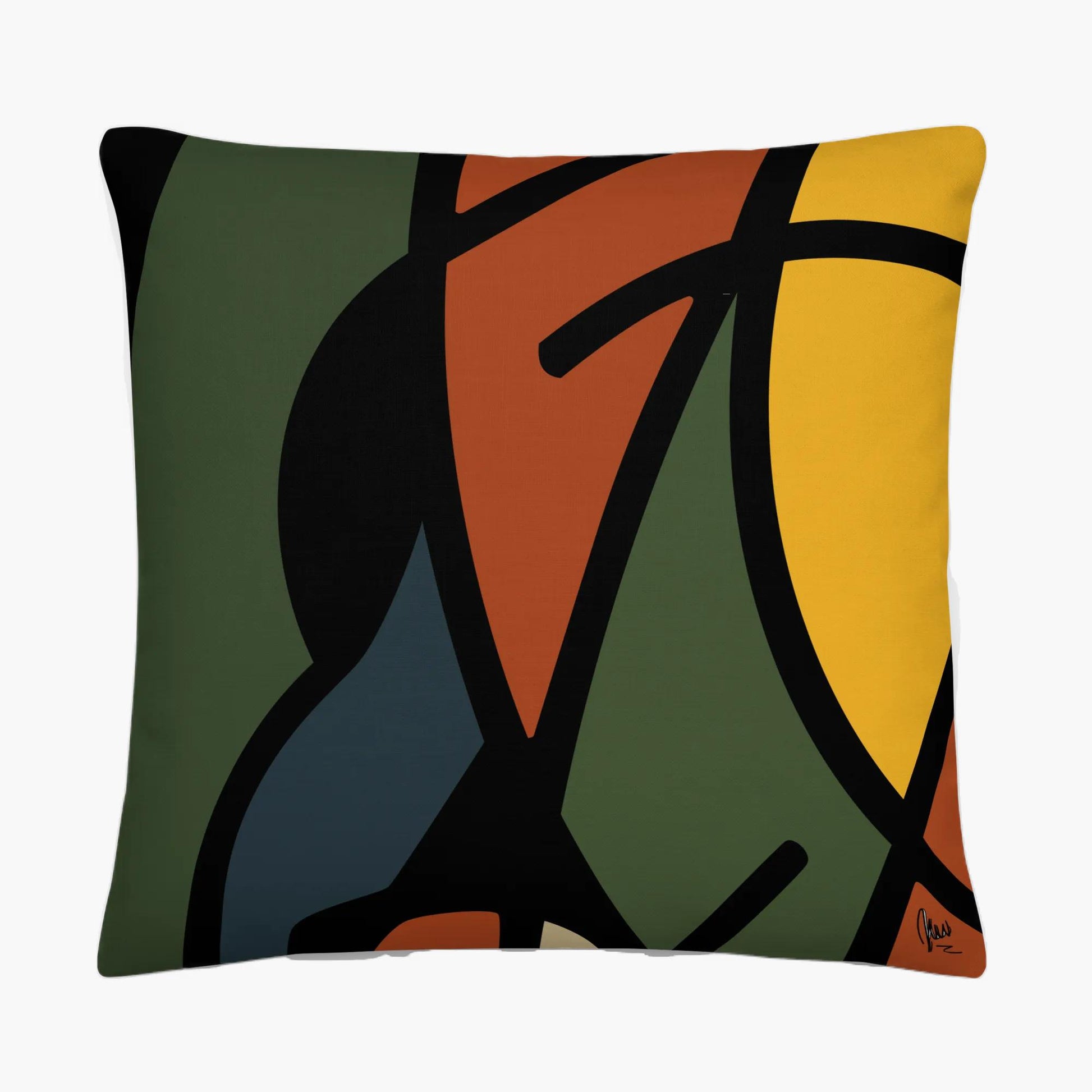 Decorative art cushion with abstract green, yellow, and black design on white — by Northwind Illustrations