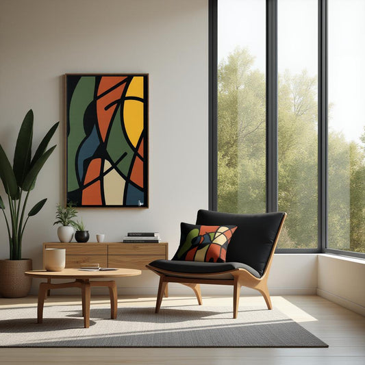 Modern living room with a colorful abstract painting, black chair, and wooden coffee table by northwind illustrations