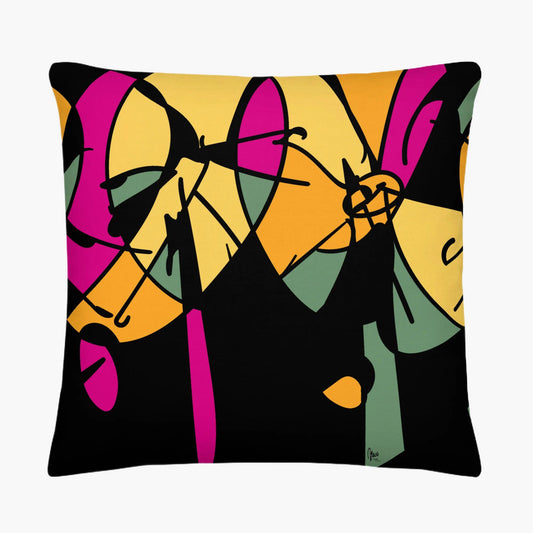 Decorative pillow with abstract design featuring a black cat, pink flowers, and yellow background.