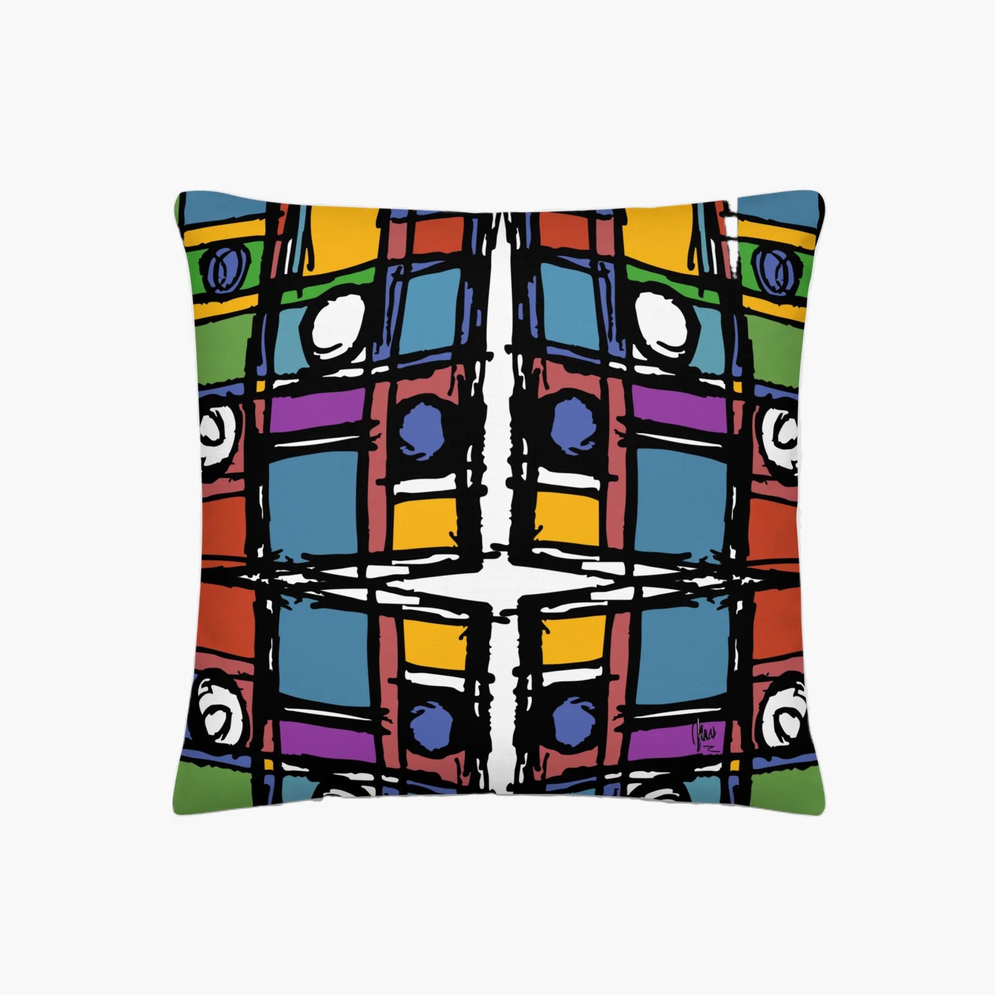 Colorful abstract patterned pillow on a white background