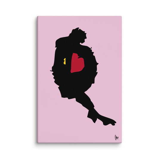 Silhouette of a character with a red heart on a pink background
