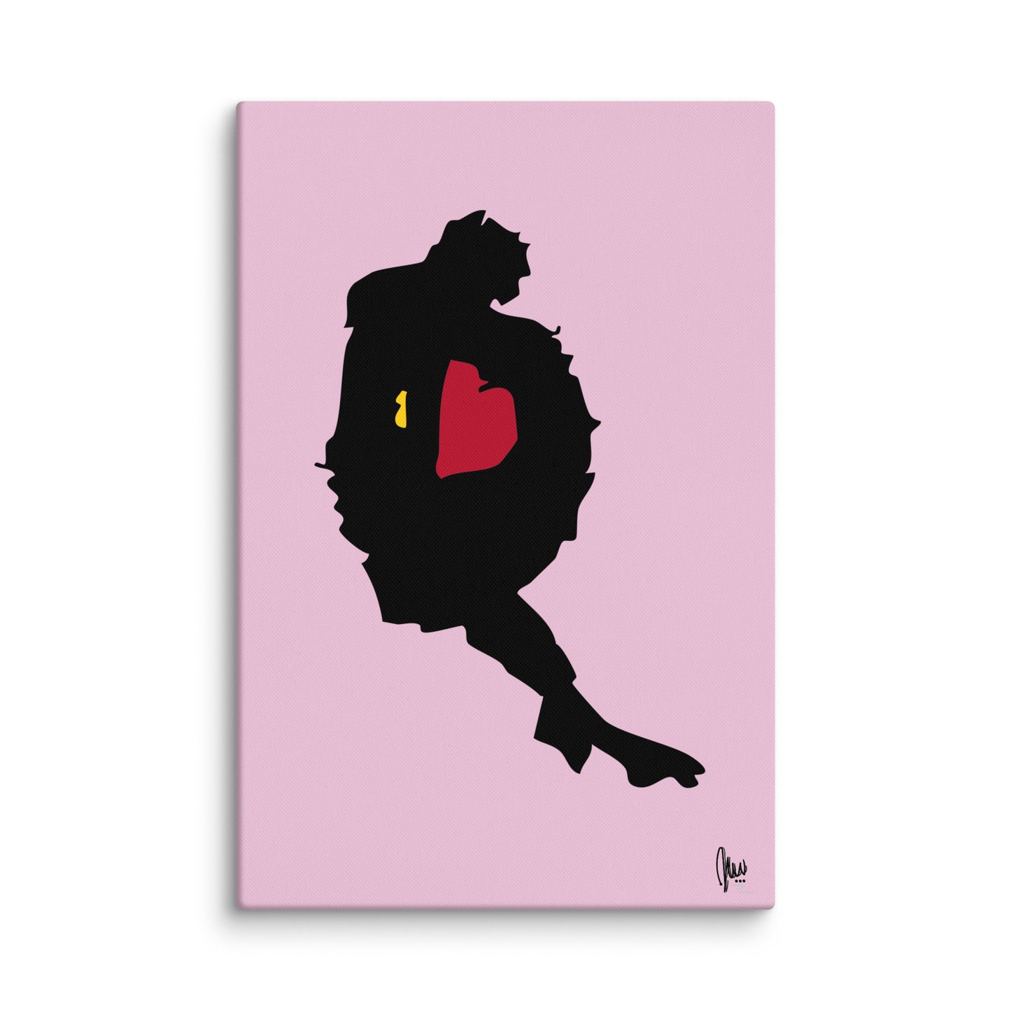 Silhouette of a character with a red heart on a pink background